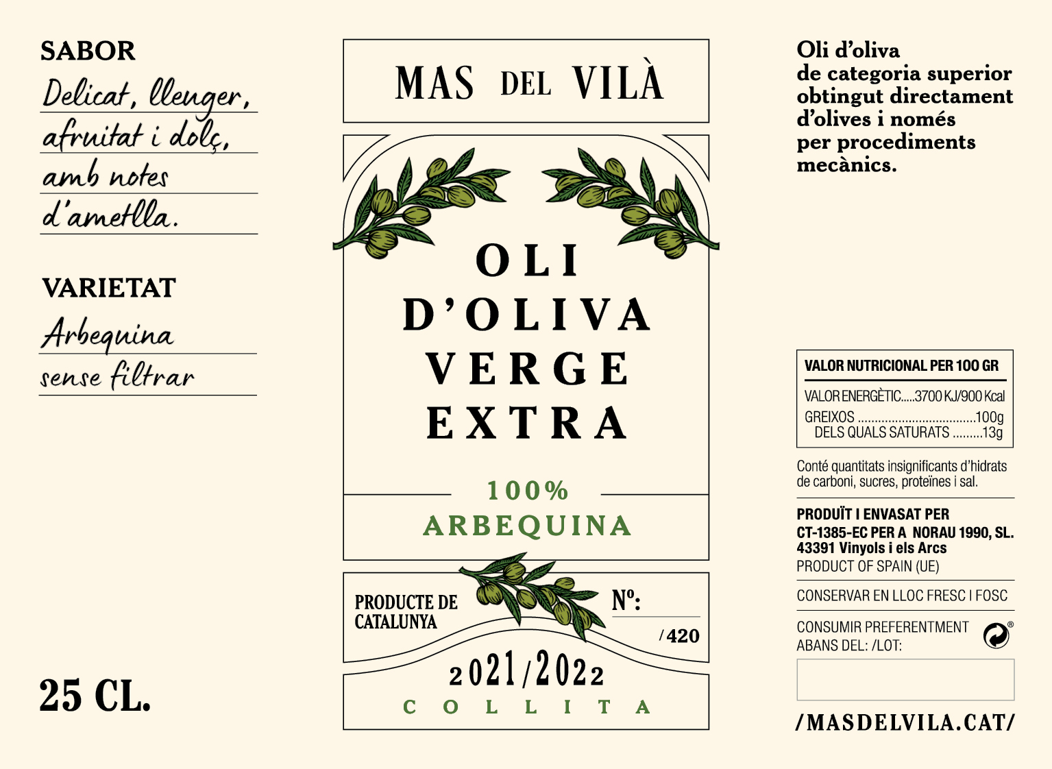 Oli d'Oliva verge Extra Mas del Vila 25 Cl.